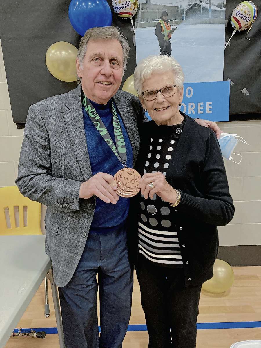 Supplied photo
Robert Fabbri (right) was presented with his Honour 150 medal by old friend and fellow volunteer Olga Boychuk at a ceremony in Bronx Park Community Centre’s Robert R. Fabbri Gymnasium on Nov. 28.