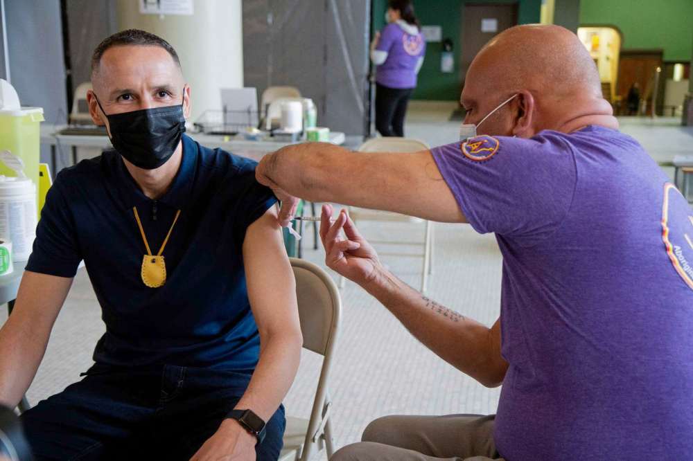 Supplied photo
Community leader Kevin Chief got his COVID-19 vaccination on the first day of Aboriginal Health and Wellness Centre’s clinic.