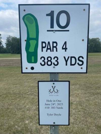 Supplied photo
                                A sign commemorating Tyler Doyle’s June 24 hole-in-one at Sandy Hook Golf Course’s 10th hole has been installed.