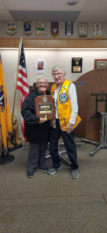 Supplied photo
                                Lions district governor Jan Nazarko (left) is pictured presenting Angela Casey, a longtime Lions Club of Riverside member, with a Melvin Jones Award recently.