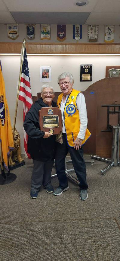 Supplied photo
                                Lions district governor Jan Nazarko (left) is pictured presenting Angela Casey, a longtime Lions Club of Riverside member, with a Melvin Jones Award recently.
