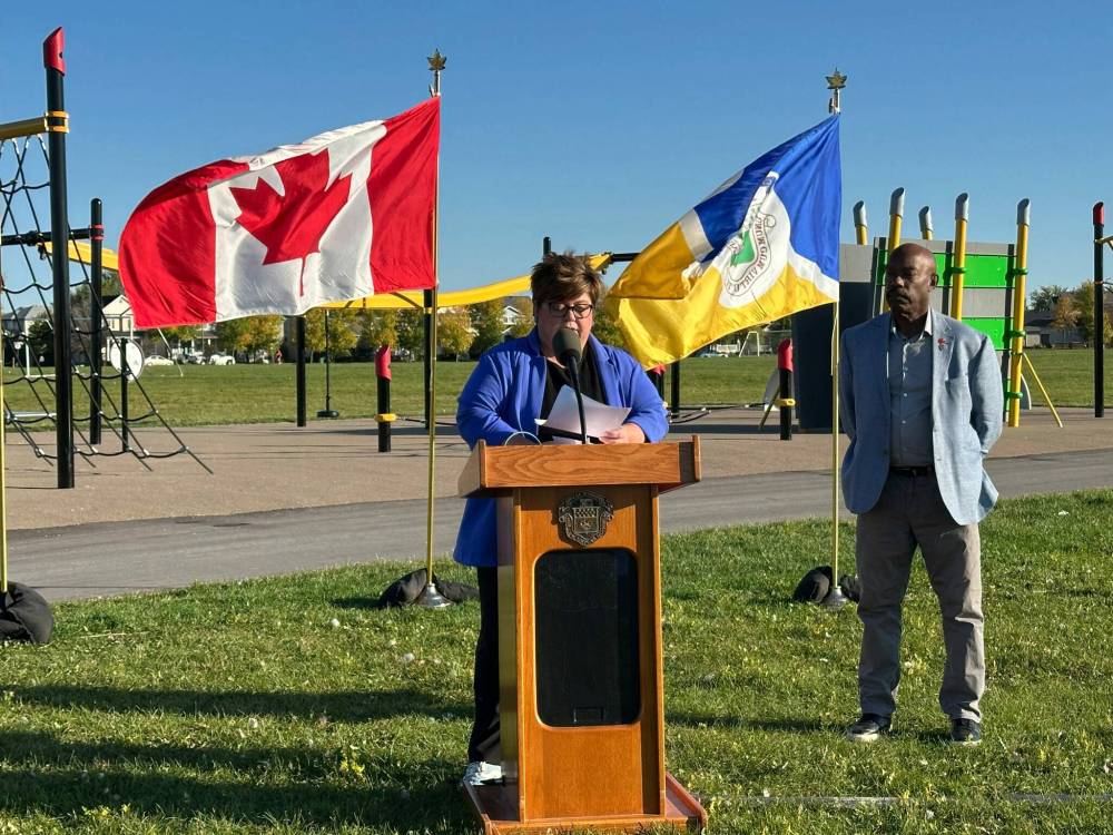 Supplied photo
Seine River MLA Billie Cross bringing greetings during a ribbon-cutting ceremony at John Forsyth Park, unveiling new and improved outdoor community spaces in River Park South.