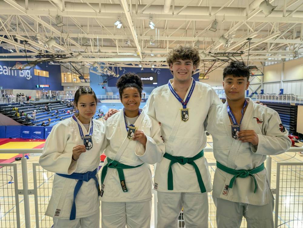 Supplied photo
                                Manitoba provincial judo team members recently competed at the Ontario Open judo tournament in Toronto, Ont., bringing home a number of medals. Pictured (from left) are: Niamh O’Gorman, Ruby Bueckert, Kieran Scanlon, and Ty Stadnyk.