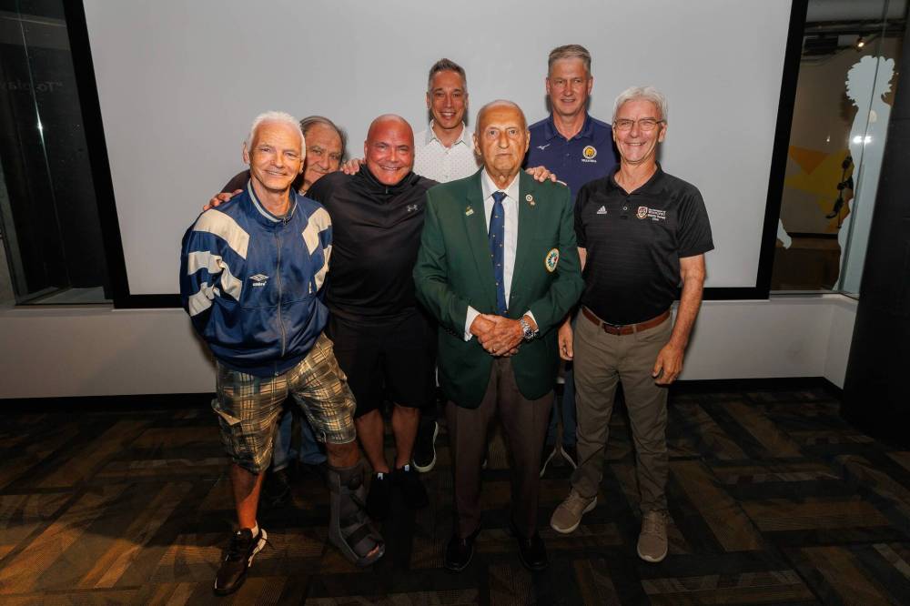 Free Press file photo
                                Some of the inductees of the Manitoba Sports Hall of Fame’s class of 2025 gathered at the July press announcing their induction. (From left) John Baillie (Lucania FC), Michael Nardiello (Lucania), Troy Westwood, Rob Albo (Lucania), Gary Solar, Russ Paddock, and Glen Bergeron.