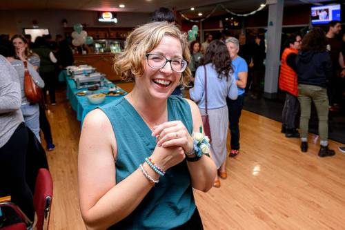 File photo
                                Emma Durand-Wood celebrates after being declared the newly elected city councillor for Elmwood-East Kildonan at Elmwood Curling Club on Saturday, Oct. 25. Durand-Wood won the byelection called to replace the late Jason Schreyer.