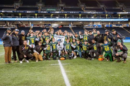 Supplied photo by DGN Photos
                                The Miles Macdonell Buckeyes won the Winnipeg High School Football League nine-player junior varsity championship on Nov. 5, defeating the Grant Park Pirates 18-13 at Princess Auto Stadium to cap off an undefeated season.