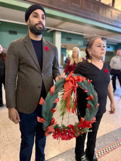 Supplied photo
                                McPhillips MLA JD Devgan attended and laid a wreath at the Indigenous Veterans Day event at the Neeginan Centre on Nov. 8.