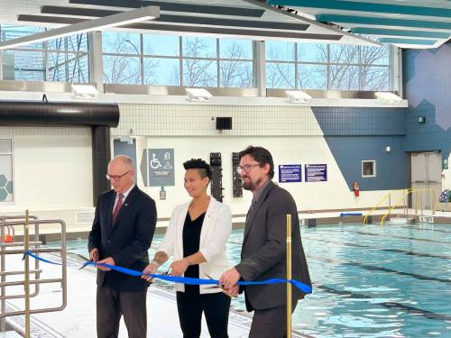 Supplied photo
                                St. Boniface city councillor Matt Allard joined Mayor Scott Gillingham and Coun. Vivian Santos (Point Douglas) for a ribbon-cutting ceremony on Nov. 19 to mark the reopening of Bonivital Pool.