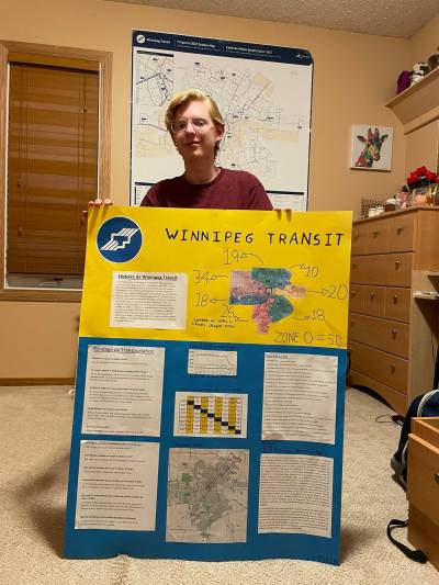 File photo by Simon Fuller
                                Asher Kunkel is pictured in January with a school project about Winnipeg Transit he did in Grade 8. The teen completed his mission of riding every single bus route on the city&rsquo;s (former) transit system earlier this year.