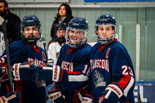 Supplied photo by Isaiah White
                                (From left) Transcon Railer Express players Jace Larkins, Declan Whiteman, and Nathan Turner celebrate a goal during a recent Manitoba Major Junior Hockey League game.