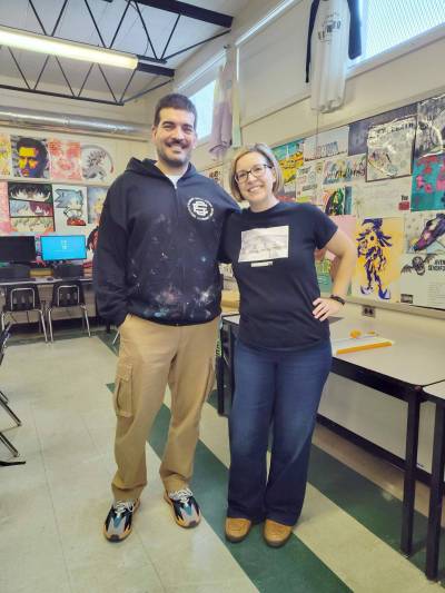 Supplied photo
                                Elmwood-East Kildonan councillor Emma Durand-Wood met with graphic design teacher Matt Reis to learn about the Elmwood Supply Company entrepreneurship program at Elmwood High School.