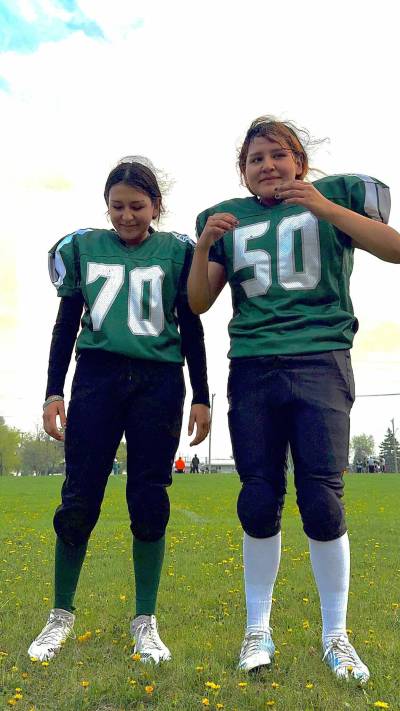 Supplied photo
                                Louise Moose (right) is pictured here with her sister, Destiny. The siblings played a season together for the Falcons Football Club&rsquo;s girls&rsquo; senior team.