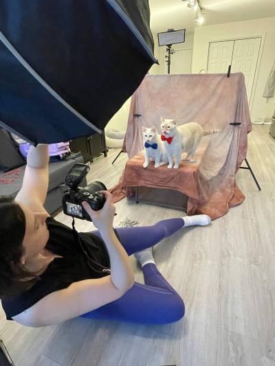 Supplied file photo
                                Sabrina Naayen, pictured here photographing a couple of furry felines, will hold the Meow Mania spring market and adoption fair on March 22.