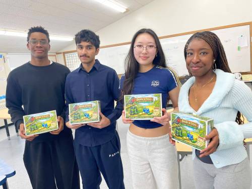 Photo by Adriano Magnifico
                                Some of the team from Windsor Park Collegiate behind Beak-a-Boo, their Junior Achievement company project. (From left) Anthony Lozi, VP of human resources; Shivam Sharma, president; Vania Chien, VP of production; Ayotanreti Omotoso, VP of finances.
