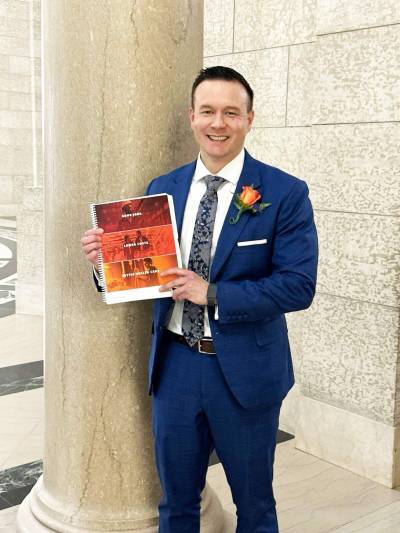 Supplied photo
                                Riel MLA Mike Moyes, provincial minister of environment and cimate change is picturedat the Manitoba legislature on budget day.