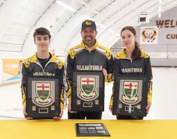 Curl Manitoba
                                (From left) Quinn Lagace, coach Rej Lagace and Eva Le Heiget won the 2026 Manitoba U-20 mixed doubles championship.