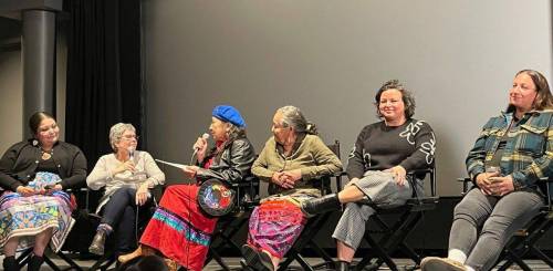 Photo by Michael W. Thiessen
                                Panelists (from left) Dakotah Nadeau, Frances Ravinsky, Hilda Mann, Doreen Pasap, Carolina Meneses Zamora and Jennifer Roulette, spoke after the video screenings of their stories at On the Road to Reconciliation: A Story Exchangeon May 5.
