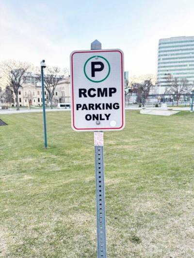 Supplied photo
                                The sign at the Manitoba legislature denoting the parking spot for the SUV used by Manitoba Premier Wab Kinew and his security detail. Despite a