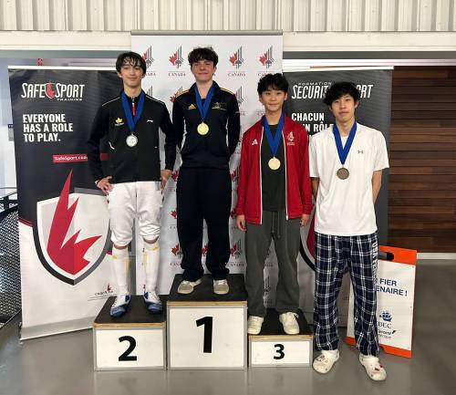 Supplied photo
                                Jasper Fosty (centre) recently won the national championship for fencing in his age category. The Grade 10 student at Kildonan-East Collegiate hopes to compete for Canada in the 2032 Olympics.