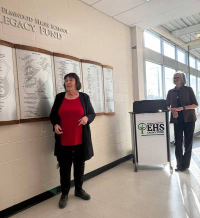 Supplied photo
                                Former teacher at Elmwood High School and current Elmwood High School Legacy Fund board member Dorothy Webster stands next to a plaque commemorating contributions to the fund with chairperson Maureen Robertson looking on.