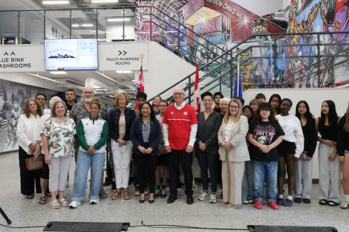 Photo by Rylee Gerrard
                                Mayor Scott Gillingham, city councillors, board members, and students from Edmund Partridge Community School at Garden City Community Centre on June 11, where the city announced $1.96 million in spending towards facility upgrades.
