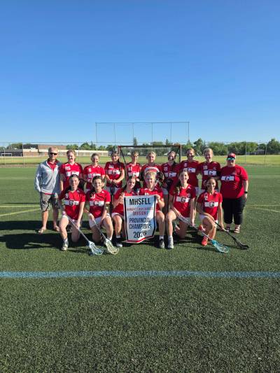 Supplied photo
                                The girls&rsquo; lacrosse team at Glenlawn Collegiate won its first Manitoba High School Field Lacrosse League division 1 championship on June 14. Pictured: back row, from left: Noah Rigaux (head coach), Sadie Pearce, Violet Curtis, Ava Price, Melody Putschker, Lara Stubbs, Adriana Conrad, Trinity Benci, Lainey Rigaux, and Cheryl Thacker (team manager). Front row, from left: Ashley Antunes, Ashley Pope, Jessie DeCraene, Vayda Rigaux, Heather Williams, and Becca Tobias.
