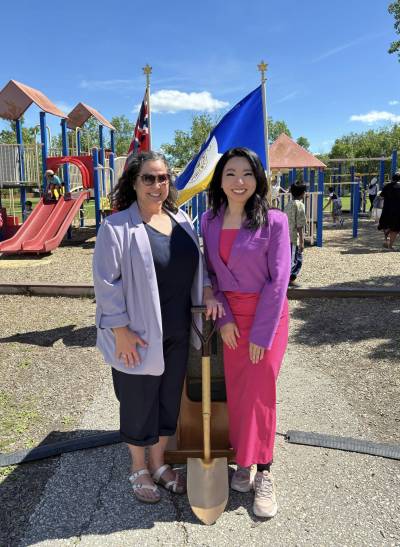 Supplied photo
                                Fort Richmond MLA Jennifer Chen joins Bairdmore Elementary School principal Allison Ward at the groundbreaking of the new play structure.