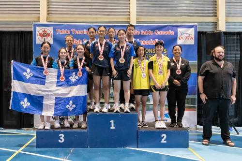 Photo by Table Tennis Canada
                                U-15 team athletes Alexus Lee, Rhea Liu, and coach Nury Vasquez on the podium where they finished with a silver medal at the 2025 Canadian Championships in Richmond, B.C.