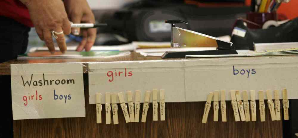 Washroom check out/in board on the teacher's desk. (Wayne Glowacki / Winnipeg Free Press)