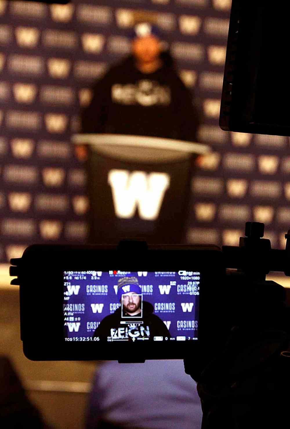 PHIL HOSSACK / WINNIPEG FREE PRESS - Winnipeg Blue Bomber QB Matt Nichols speaks at a press conference Monday morning the day after......- Jeff Hamilton story. - November 13, 2017