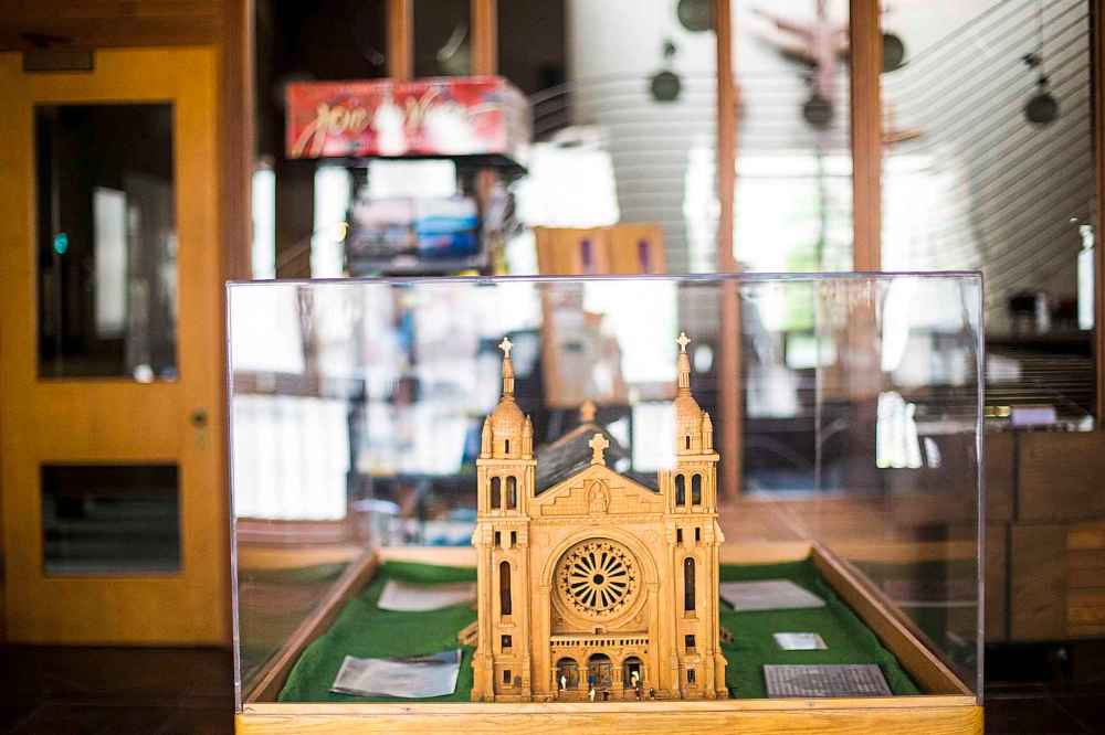 A model of the St. Boniface Cathedral, made with materials salvaged from the original cathedral. (Mikaela MacKenzie / Winnipeg Free Press)
