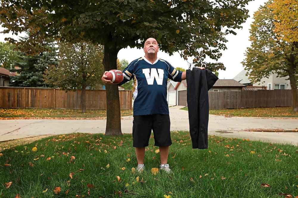RUTH BONNEVILLE / WINNIPEG FREE PRESS
49.8 Intersection piece about Chris Matthew, a retired high school teacher who, six days before the 2001 Grey Cup - when the Bombers were heavily favoured to beat the Calgary Stampeders - made an offhand remark in a bar that he was going to wear shorts (it was a cold November night) until the Bombers won the Cup, thinking they would win it all the following Sunday. Here we are, 6,100-plus days later and Chris, who retired from teaching seven years ago, is still wearing shorts, everyday, year-round, everywhere he goes. At this point he figures even if the Bombers win the cup one day, he