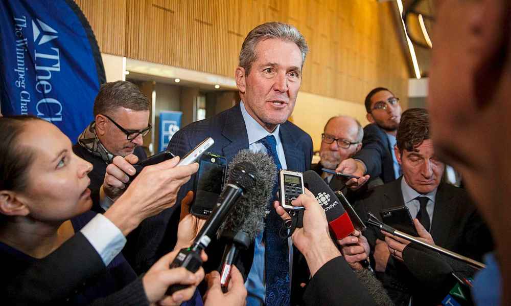 MIKE DEAL / WINNIPEG FREE PRESS
Premier Brian Pallister speaks to the media after delivering his state of the province speech at the RBC Convention Centre Thursday.