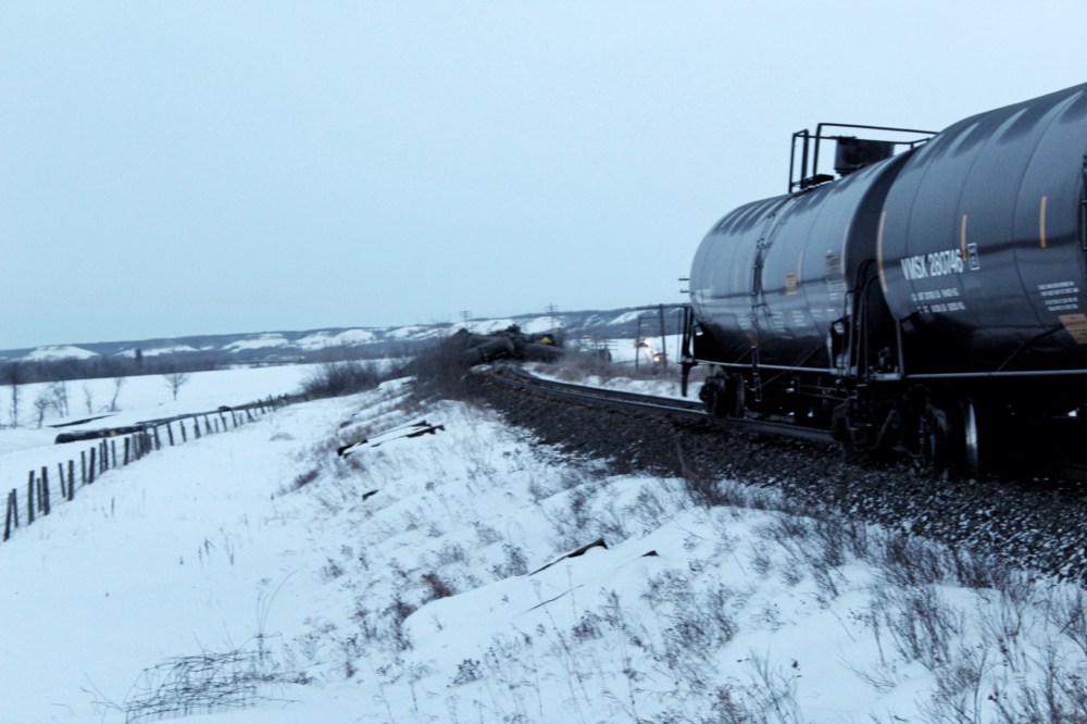 Photo by Eyan Corr
About three dozen CN railcars derailed near St. Lazare early Saturday morning, causing a partial leak of crude oil.