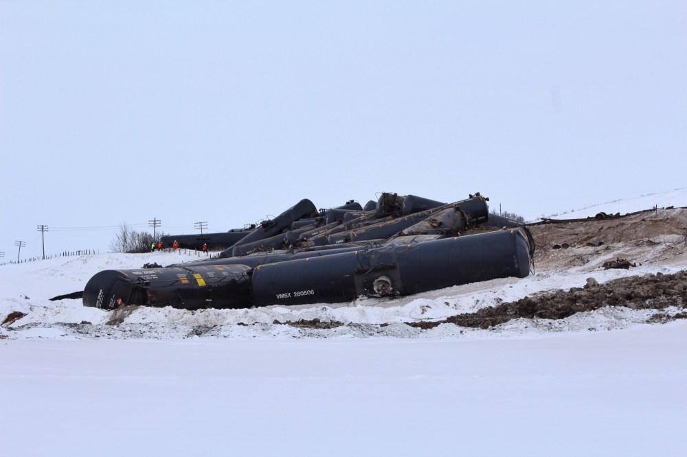 Photo by Eyan Corr
About three dozen CN railcars derailed near St. Lazare early Saturday morning, causing a partial leak of crude oil.