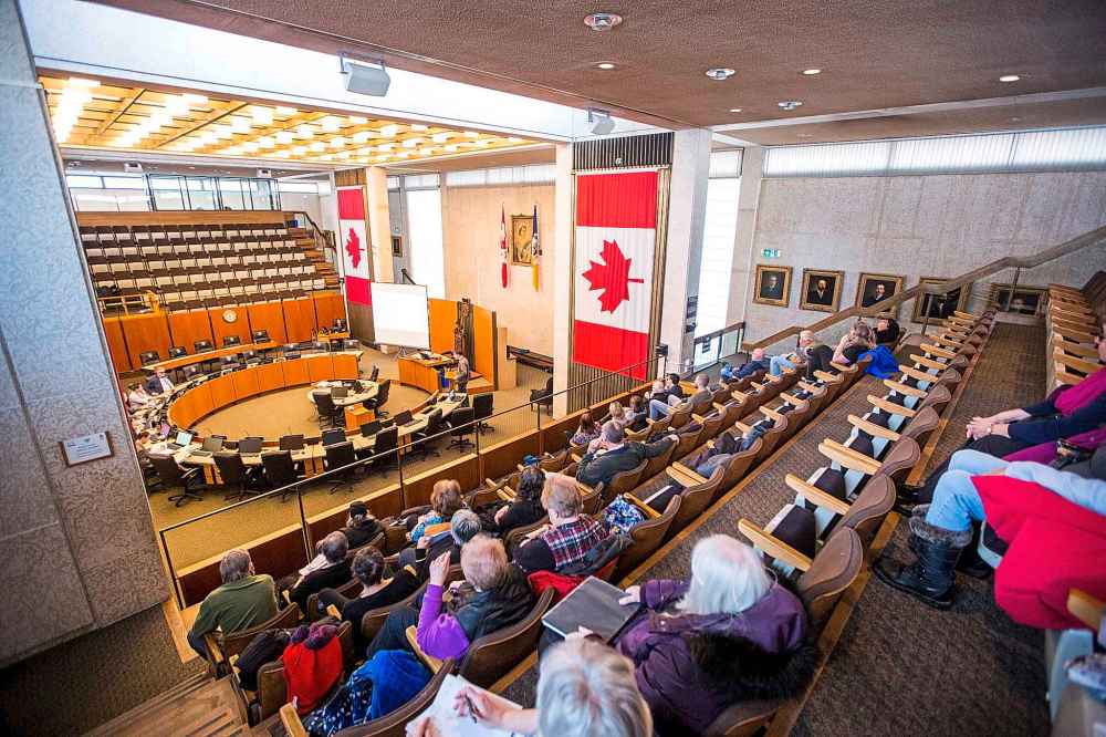 MIKAELA MACKENZIE / WINNIPEG FREE PRESS
Todd Williston presents his appeal of the Bruce Oake Recovery Centre at city hall on Thursday.