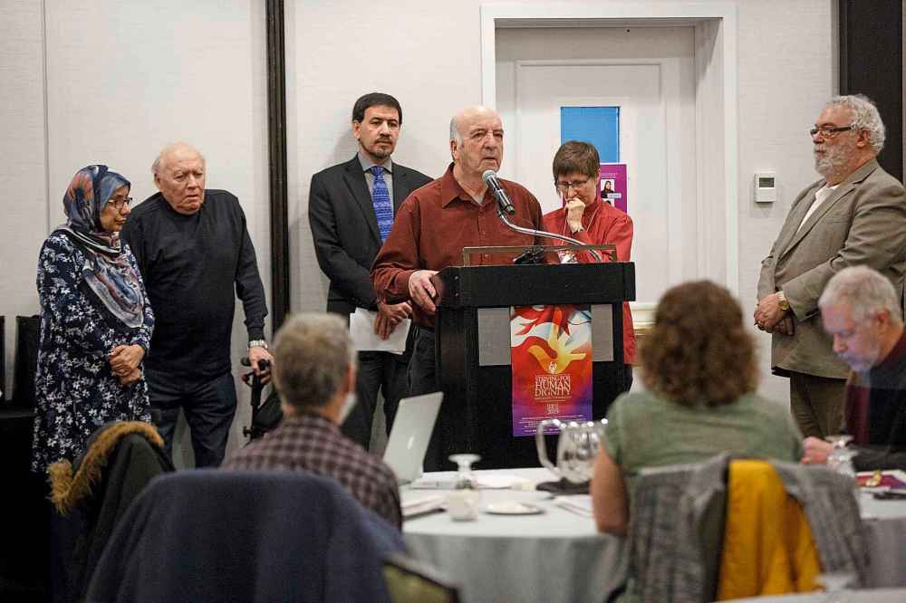 MIKE DEAL / WINNIPEG FREE PRESS
Stan McKay a Canadian Christian minister from Fisher River Cree Nation, MB, speaks at the Striving for Human Dignity: Race, Gender, Class and Religion conference at the Hilton Suites Winnipeg Airport and organized by the Islamic Social Services Association gathered on the second day of session activities with appeals and invocations for peace, non-violence and unity following the shooting massacres at Masjid al Noor and Linwood Masjid mosques in Christchurch, New Zealand.
190315 - Friday, March 15, 2019.
