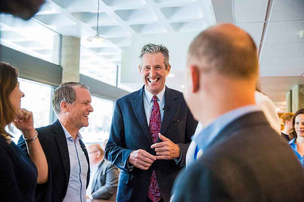 MIKAELA MACKENZIE / WINNIPEG FREE PRESS
PC Leader Brian Pallister chats with candidates and supporters before presenting his costed platform on Tuesday.