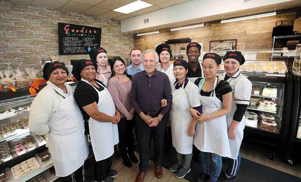 Ignazio Scaletta (centre), with current owners, Linda Peters and Maksym Plienokosov, bought Goodies Bake Shop outright in 1991 and transformed it into the Italian bakery it is today. He still pops in for the odd visit. (Ruth Bonneville / Winnipeg Free Press)