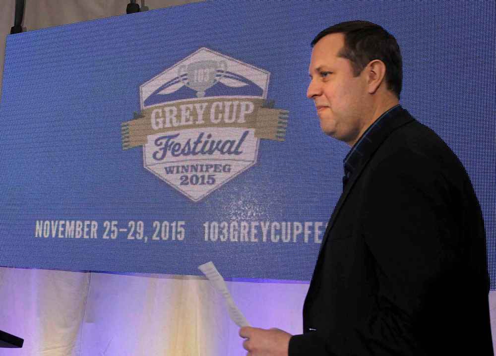 Smith, president of the 103rd Grey Cup Festival, unveils the game's brand in Winnipeg in December 2014. (Wayne Glowacki / Winnipeg Free Press files)