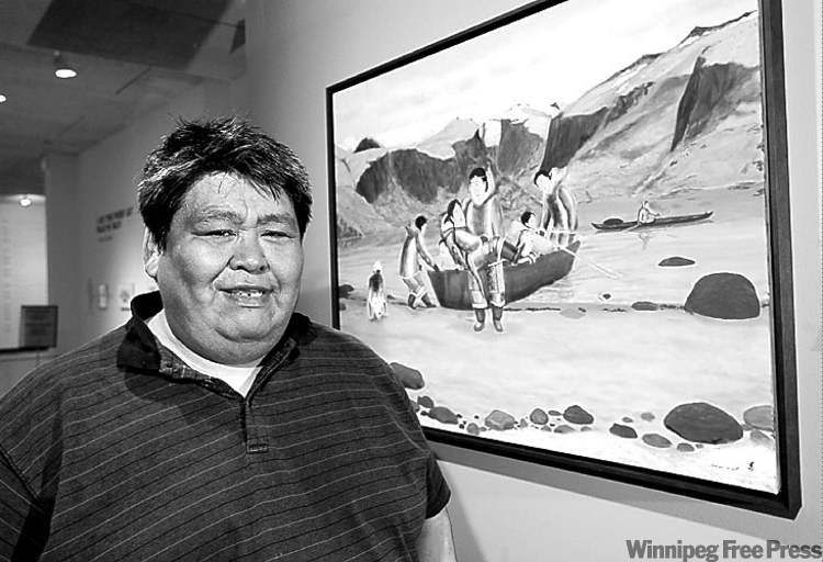 KEN GIGLIOTTI / WINNIPEG FREE PRESS
Above, the print My Favourite Place displays Pangnirtung artist Andrew Qappik�s characteristic sense of joy; right, Qappik at the Winnipeg Art Gallery in front of his collection�s one oil painting.