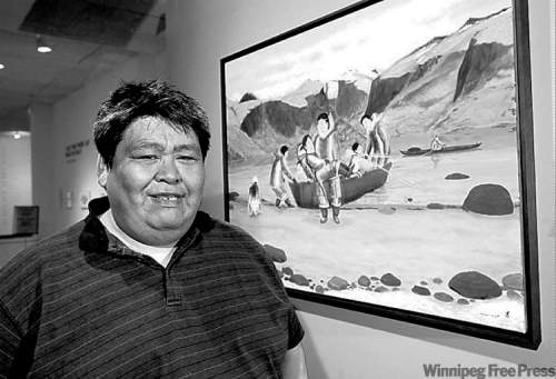KEN GIGLIOTTI / WINNIPEG FREE PRESS Above, the print My Favourite Place displays  Pangnirtung artist Andrew Qappik�s characteristic sense of joy; right, Qappik at the Winnipeg Art Gallery in front of his collection�s one oil painting.