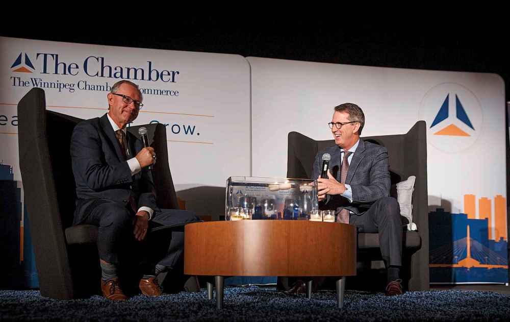 MIKE DEAL / WINNIPEG FREE PRESS
True North Sports and Entertainment's executive chairman Mark Chipman is interviewed by TSN's Dennis Beyak during a Winnipeg Chamber of Commerce luncheon at the RBC Convention Centre, Friday afternoon.