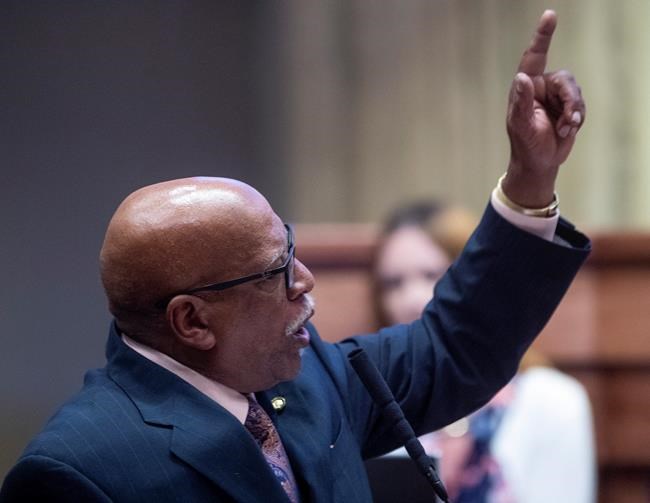 Sen. Rodger Smitherman speaks during a debate on HB314 in the senate chamber in the Alabama Statehouse in Montgomery, Ala., on Tuesday May 14, 2019. Alabama lawmakers are expected to vote on a proposal to outlaw almost all abortions in the state, a hardline measure that has splintered Republicans over its lack of an exception for pregnancies resulting from rape or incest. (Mickey Welsh/Montgomery Advertiser via AP)
