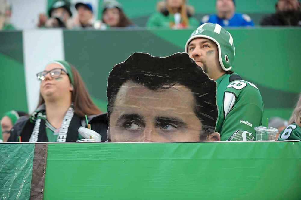 THE CANADIAN PRESS / Mark Taylor
Saskatchewan Roughriders behind an image of Winnipeg Blue Bombers quarterback Zach Collaros during the West Division final at Mosaic Stadium in Regina on Sunday. The Roughriders began the season with Collaros as their starting quarterback, then traded him to the Toronto Argonauts after he went down with an injury.