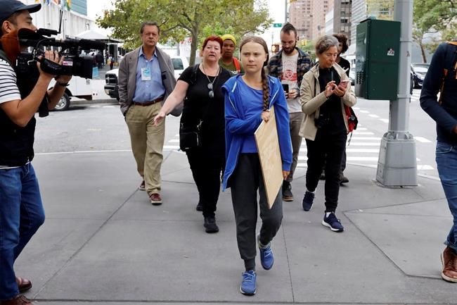 Swedish environmental activist Greta Thunberg arrives outside the United Nations to participate in a demonstration, Friday, Sept. 6, 2019 in New York. THE CANADIAN PRESS/AP/Richard Drew