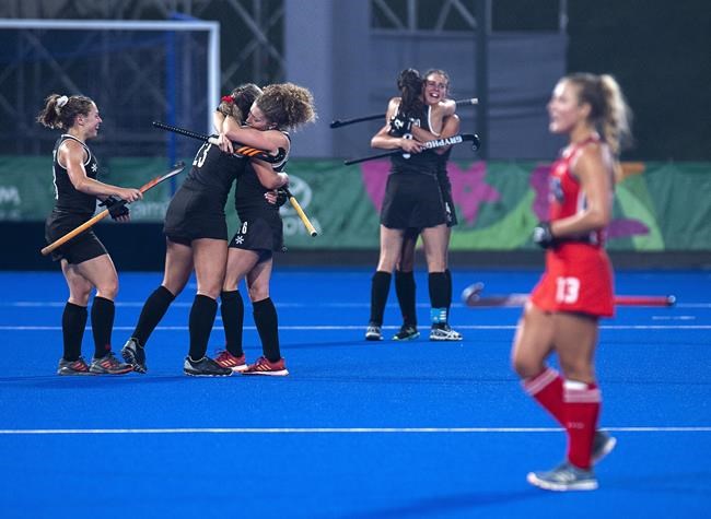 Canada celebrates their victory over thr United States in semifinal field hockey action at the Pan Am Games in Lima, Peru on Tuesday, Aug. 6, 2019. The Canadian men's and women's hockey teams will have to get past Ireland to qualify for the 2020 Olympics in Tokyo. THE CANADIAN PRESS/Andrew Vaughan