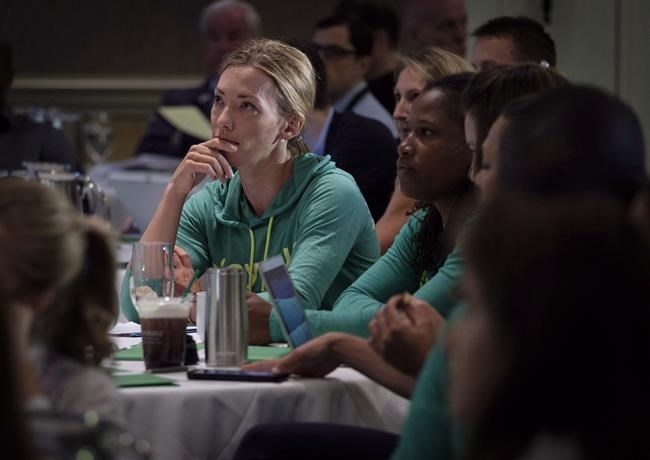 World Anti-Doping Agency athlete committee chairperson, Beckie Scott, waits to address the agency's first Global Athlete Forum in Calgary on June 4, 2018. The only reason Beckie Scott's going-away speech to the World Anti-Doping Agency wasn't her finest moment was because of all that led up to it. THE CANADIAN PRESS/Jeff McIntosh