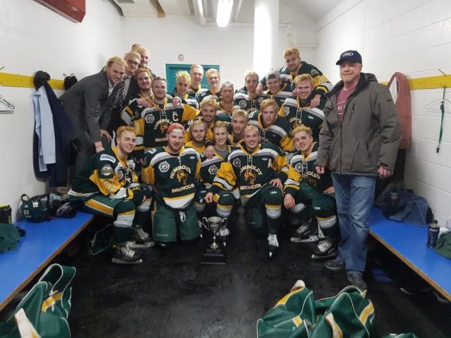 Members of the Humboldt Broncos junior hockey team are shown in a photo posted to the team Twitter feed, @HumboldtBroncos on March 24, 2018 after a playoff win over the Melfort Mustangs. THE CANADIAN PRESS/HO-Twitter-@HumboldtBroncos MANDATORY CREDIT