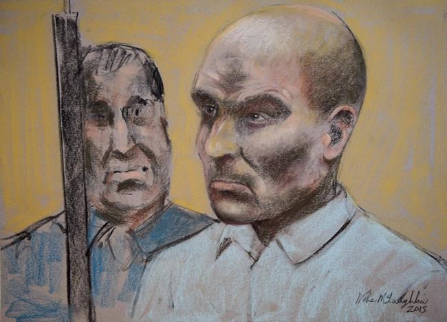 Bertrand Charest is seen on a court drawing during a bail hearing in St-Jerome, Que., on March 16, 2015. THE CANADIAN PRESS/Mike McLaughlin